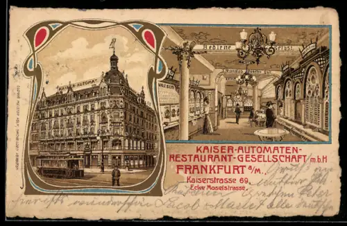 Lithographie Frankfurt /Main, Kaiser-Automaten-Restaurant-Gesellschaft m.b.H., Kaiserstrasse 69 Ecke Moselstrasse