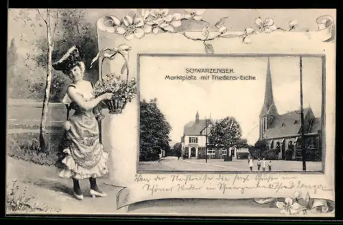 Grusskarten-AK Schwarzenbek, Marktplatz mit Friedens-Kirche, Dame mit Blumenkorb