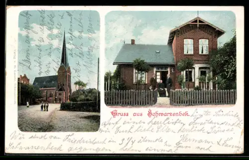 AK Schwarzenbek, Blick zur Kirche, Personen vor einem Haus