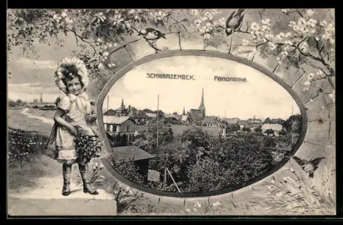 AK Schwarzenbek, Panoramaansicht des Ortes, Kind mit Blumenstrauss
