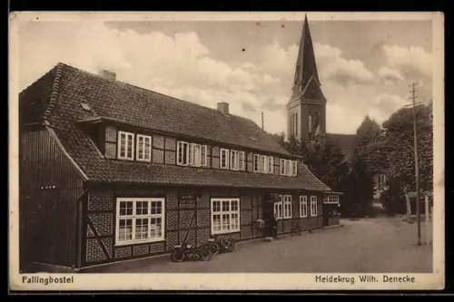AK Fallingbostel, Gasthof Heidekrug Wilh. Denecke mit Kirche