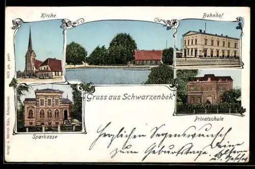 Goldfenster-AK Schwarzenbek, Sparkasse, Bahnhof, Kirche und Privatschule mit leuchtenden Fenstern