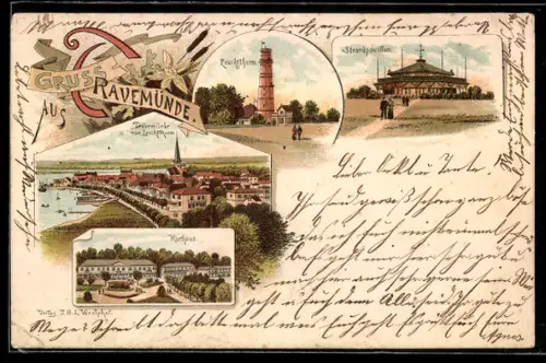 Lithographie Travemünde, Ortsansicht mit Leuchtthurm, Kurhaus, Strandpavillon