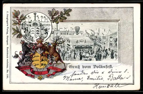 Lithographie Canstatt, Besucher des Volksfestes, Wappen