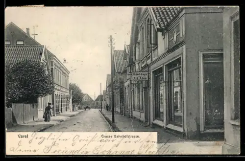 AK Varel, Grosse Bahnhofstrasse mit Möbel-Lager A. B. Athen