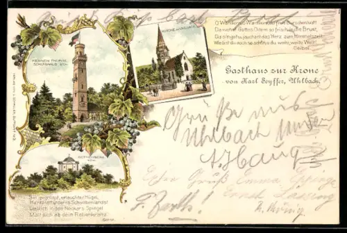 Lithographie Uhlbach, Gasthaus zur Krone, Kernen Thurm Schurwald, Rothenberg