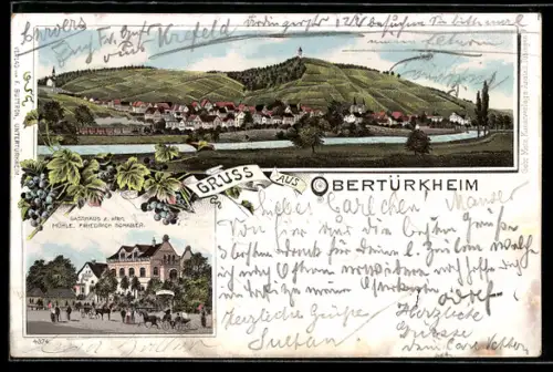 Lithographie Obertürkheim, Gasthaus zur alten Mühle v. Friedrich Schaber