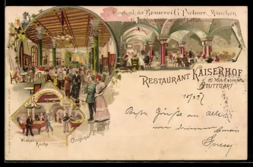 Lithographie Stuttgart, Restaurant Kaiserhof mit Ausschank der Brauerei G. Pschorr, Marienstrasse 10
