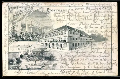 Lithographie Stuttgart, Restaurant Koppenhöfer, Partie im Garten