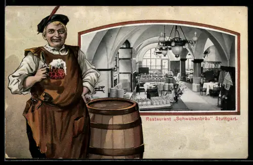 AK Stuttgart, Restaurant Schwabenbräu, Innenansicht, Mann mit Bierglas