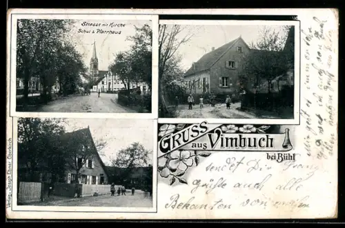 AK Vimbuch bei Bühl, Strasse mit Kirche, Schule und Pfarrhaus