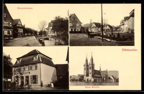 AK Ottersweier, Hauptstrasse, Neue Kirche, Kolonialwarengeschäft Burkhard Maser