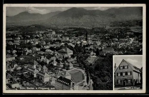 AK Bühl /Baden, Gasthaus z. Engel, Bes. Fridolin Falk, Ortsansicht vom Flugzeug aus
