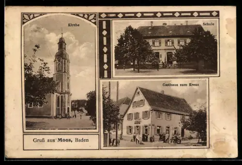 AK Moos /Baden, Gasthaus zum Kreuz, Kirche, Schule