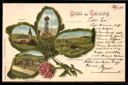 Passepartout-Lithographie Geising, Bahnhofs-Restaurant, Aussichtsturm Wettin-Höhe