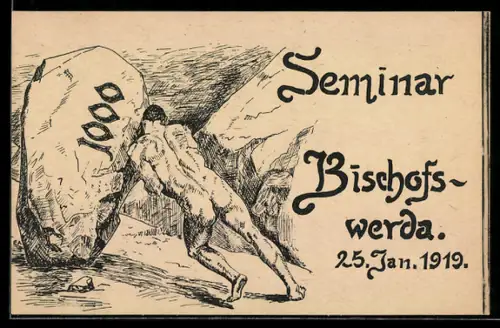 AK Bischofswerda, Seminar 25. Januar 1919, Mann stemmt einen grossen Stein