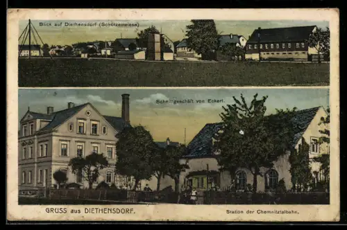 AK Diethensdorf, Schnittgeschäft von Eckert, Blick auf die Schützenwiese
