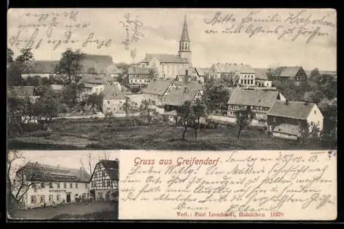 AK Greifendorf, Gasthof zur Greifendorf, Blick zur Kirche