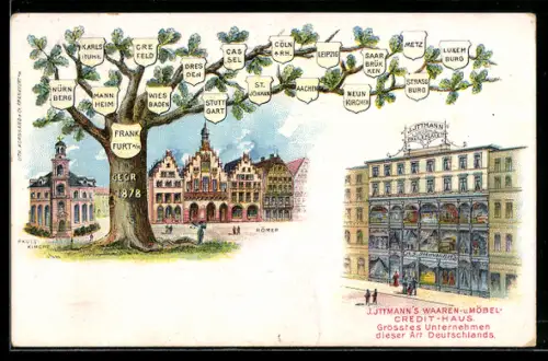 Lithographie Frankfurt / Main, J. Ittmanns Waaren - u. Möbel-Credit-Haus, Strassenpartie mit Zweigstellen-Schilderbaum
