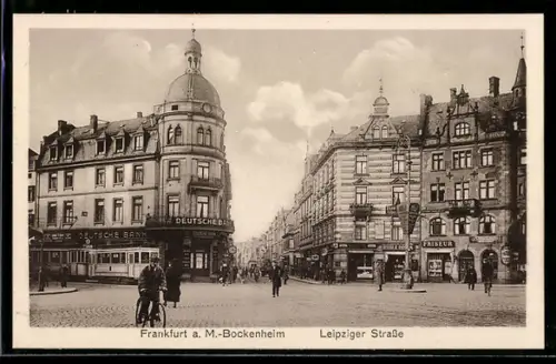 AK Frankfurt a. M.-Bockenheim, Partie in der Leipziger Strasse mit Deutsche Bank und Strassenbahn