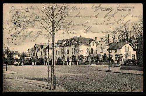 AK Lübeck, Strasse am Herderplatz mit Wohnhäusern