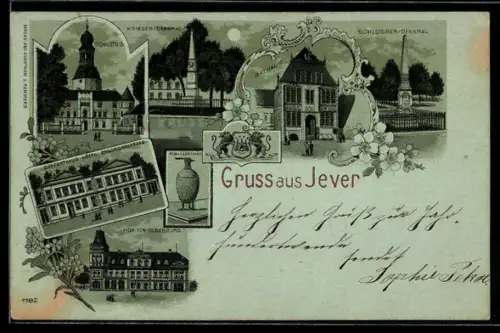 Mondschein-AK Jever, Schlosser-Denkmal, Rathaus und Hotel Erbgrossherzog