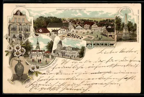 Lithographie Jever, Marktplatz und Neuestrasse, Rathaus und Schlosserdenkmal