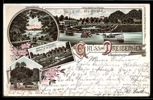 Lithographie Dreibergen a. Zwischenahner See, Totalansicht des Ortes, Gasthaus zu Dreibergen, Bes. H.W. Feldhug