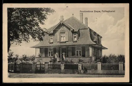 AK Fallingbostel, Pension Requa, Aussenansicht mit Gartenanlage