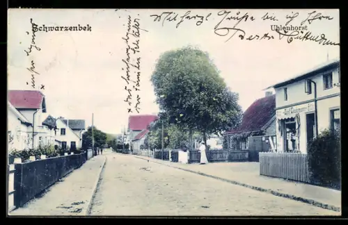 AK Schwarzenbek, Ortspartie mit Wohnhäusern und Geschäft von Adolf Tiedemann