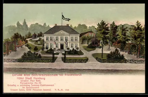 Lithographie Schwarzenbek bei Friedrichsruh, Hotel Stadt Hamburg mit Grünanlagen, Inh. Paul Räth