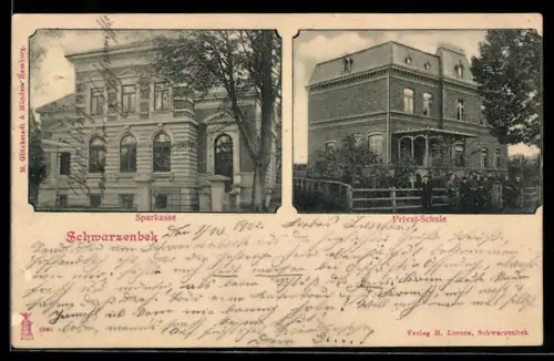 AK Schwarzenbek, Sparkasse und Privatschule, Aussenansicht mit Gartenanlage