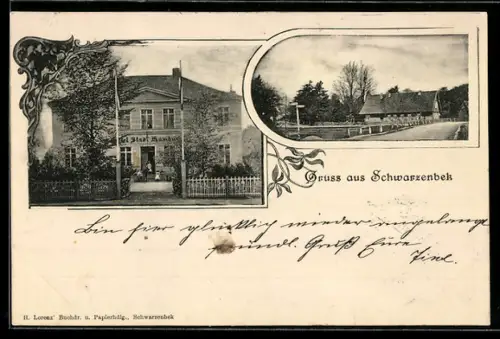 AK Schwarzenbek, Hotel Stadt Hamburg, Aussenansicht mit Grünanlagen, Ortspartie