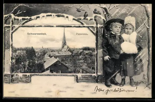 Grusskarten-AK Schwarzenbek, Ortspanorama mit Kirche und Kindern im Passepartout