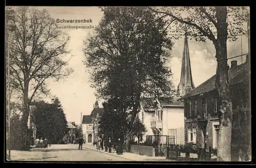 AK Schwarzenbek, Partie in der Lauenburgerstrasse mit Kirchturm im Hintergrund