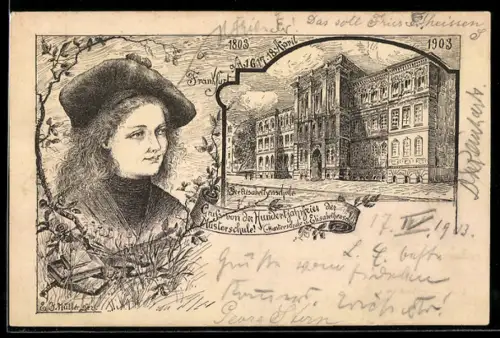 Künstler-AK sign. E.J. Müller: Frankfurt a. M., Partie vor der Musterschule und Elisabethenschule und junges Mädchen