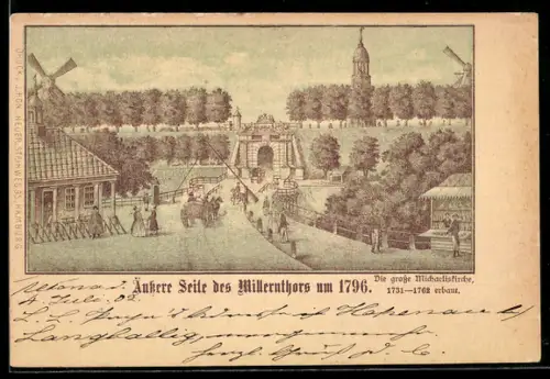 Lithographie Hamburg-Neustadt, Äussere Seite des Millerntors um 1796 mit grosser Michaeliskirche und Windmühlen