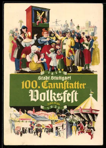 Künstler-AK Cannstatt, 100. Cannstatter Volksfest 1935, Bundes Treiben auf dem Festplatz