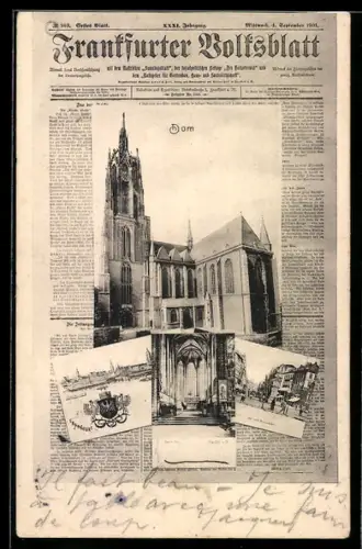 Zeitung-AK Frankfurt, Dom, Innenansicht und Zeil vom Schillerplatz im Frankfurter Volksblatt