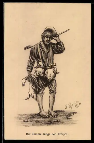 Künstler-AK Meissen, Der dumme Junge mit Gänsen, Stadttyp