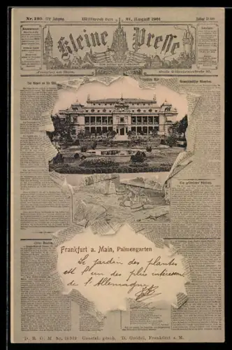 Zeitungs-AK Frankfurt-Westend, Kleine Presse, Palmengarten durch zerrissenes Papier