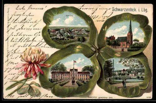 Passepartout-Lithographie Schwarzenbek i. Lbg., Panorama, Kirche, Kleeblatt