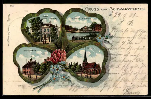 Passepartout-Lithographie Schwarzenbek, Hotel Stadt Hamburg, Kirche, Amtsgericht, Möllner Chausse, Kleeblattpassepartout