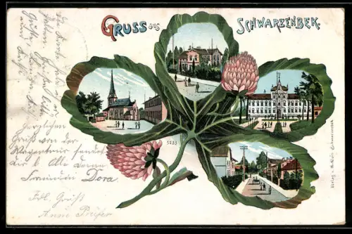 Passepartout-Lithographie Schwarzenbek, Kirche, Strassenpartie, Ortsansicht im Passepartout