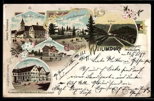 Lithographie Weilimdorf bei Stuttgart, Adler, Gasthof zum Schlösschen auf dem Bergheimerhof, Solitude, Kirche, Schule