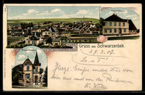 Lithographie Schwarzenbek, Kaiserl. Postamt, Bürgermeisterei, Blick auf den Ort