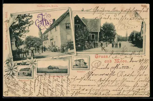AK Moos, Gasthaus zum Rössle, Bahnhof, Schulhaus