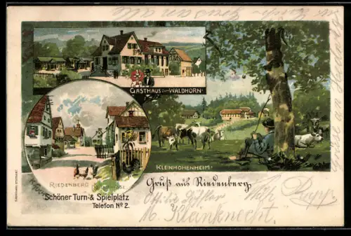 Lithographie Riedenberg / Stuttgart, Gasthaus zum Waldhorn W. Wais, Strassenpartie, Kleinhohenheim mit Kuhhirte