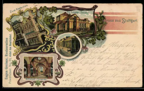 Lithographie Stuttgart, Gasthaus zum Elefanten, Bahnhof-Inneres, Königsbau, Kgl. Interim-Theater