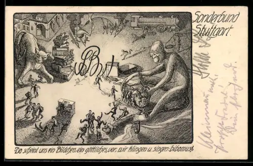 AK Stuttgart, Schüler rennen vor einer Katze davon, Sonderbund Stuttgart